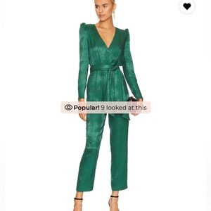 NBD Donnie Satin Snake Print Shoulder Pads Jumpsuit in Green Size Large NWT